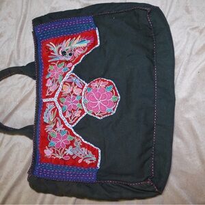 Hand-Embroidered Floral Tote Bag in dark green
